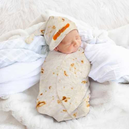 Personalized Tortilla Swaddle Blanket and Knot Hat Set,Custom Name,For Newborn Birthday Baby Shower Gift,Christmas Gift,Tortilla Hobby