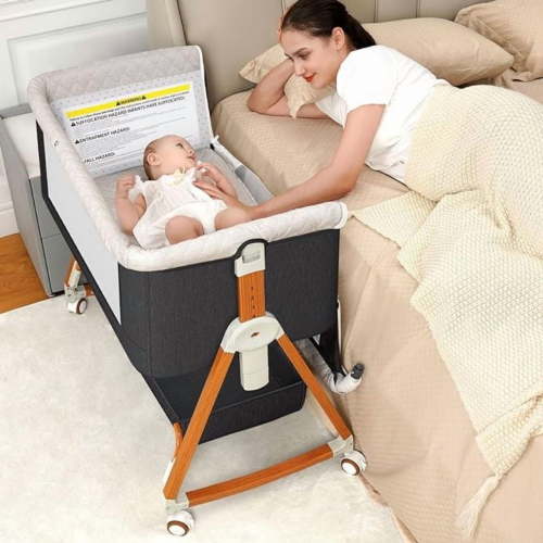 HKAI 3-in-1 Baby Bassinet Bedside Sleeper, Foldable Portable Crib w/Breathable Mesh, Wheels & Storage - Dark gray