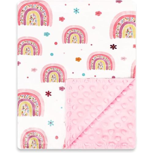 Pea Pod Baby Girls Blanket Soft Rainbow Minky Blanket for Newborn, 30'' x 40'' Double Layer Design, Dotted Backing Warm Baby Quilt Crib Blanket for Nursery/Stroller/Toddler Bed/Baby Car Seat