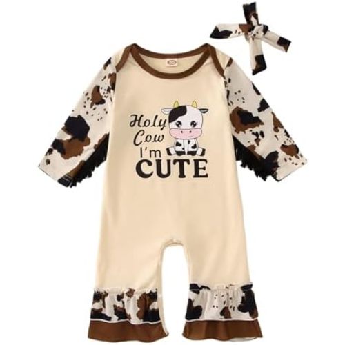 Ritatte Toddler Baby Girl Ruffle Romper Cow Print Long Sleeve Jumpsuit Cute Western Cow Playsuit Headband Set Cowgirl Outfit