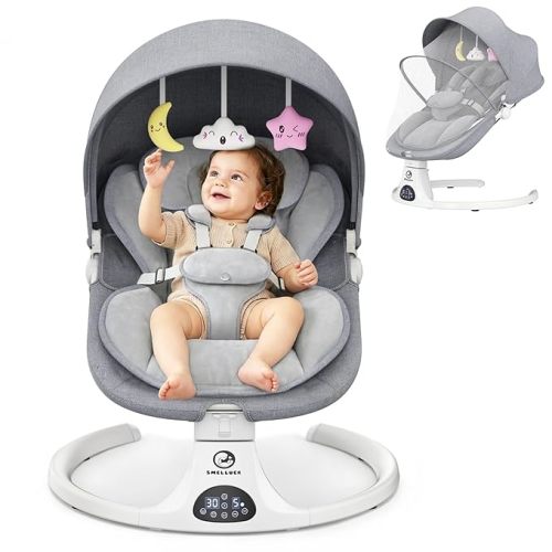 Baby Swings for Infants, Smelluck Electric Baby Swing with Upgraded 3 Adjustable Backrest, 12 Preset Melodies, 5 Speeds, Remote Control and Bluetooth, Portable Infant Swing for Indoor and Outdoor