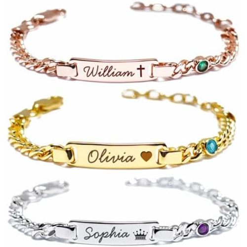 Custom Baby Birthstone Bracelets with Name for Infant Girls, Personalized 18K Gold Plated Bracelet Engraved Name Baby Birthday Gifts for Boys