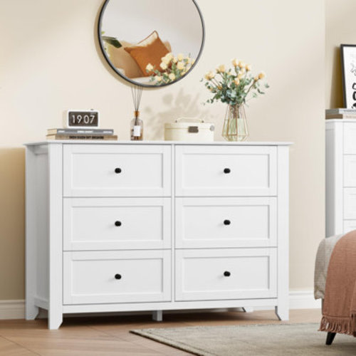 Ebern Designs 6 Drawer Dresser with Metal Knobs, 47.2" Wide Wooden Double Storage Chest for Bedroom Entryway Hallway & Reviews | Wayfair