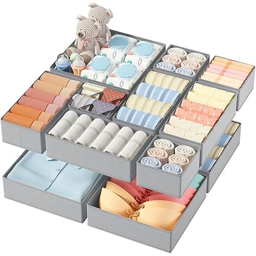 DIMJ Drawer Organizers Clothes Dresser Organizers - 12 Pack Fabric Closet Dividers Storage Organization, Foldable Nursery Bedroom Bins for Baby Clothing, Underwear, Socks, Bra, Ties (Grey)