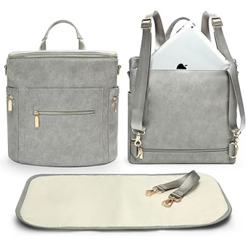 miss fong Diaper Bag Backpack Baby Diaper Bag, Large Leather Diaper Backpack with 16 Pockets Travel Bag with Diaper Changing Pad, Stroller Straps & 2 Insulated Pockets (Convertible,Premium Grey)