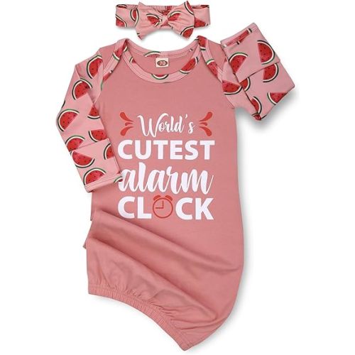 Newborn Baby Girl Gown 0-6 Months, Super Soft Newborn Sleepers Gown, Long Sleeve Infant Nightgown for Girls, Baby Girl Outfit Essential with Headband Set Pink