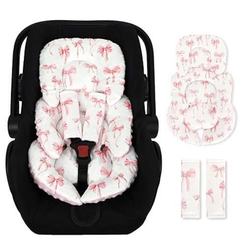 Infant Car Seat Insert Cushion, Baby Car Seat Head Body Support for Girls & Boys, Reversible Newborn Car Seat Insert with 2 Extra Strap Paddings, Premature Car Seat Cushion, Pink Bow