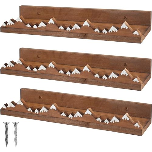 Wenqik 3 Pcs Snow Mountain Floating Shelves Wood Nursery Book Shelves Wall Mounted Rustic Floating Ledge for Kids Room(Dark Brown)