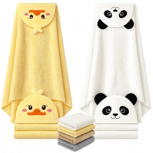 6 PCS Toddler Towels Set for Boy Girl 0-5 Year Essentials, Yellow & White | Large Size 55"x27.5", 2 PCS Hooded Baby Bath Towels & 4 PCS Washcloths, Ultra Soft, Thick and Absorbent, Newborn Essentials