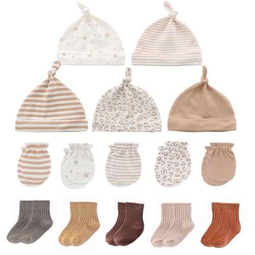 MAMIMAKA Newborn Baby Boy Girl Caps Mittens Socks Set Cotton Baby Essentials Accessories (Hats+Gloves+Socks)