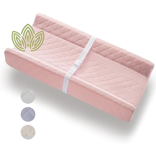Organic Cotton Contoured Baby Changing Pad w/Waterproof Foam Mattress, Includes Soft, Removable & Washable Cover, Safety Strap, Non-Slip Bottom, Topper for Standard Size Infant Diaper Table & Dresser
