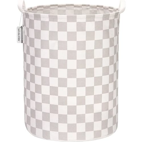 Sea Team 19.7 Inches Large Sized Waterproof Coating Ramie Cotton Fabric Folding Laundry Hamper Bucket Cylindric Burlap Canvas Storage Basket with Stylish Grid Grey Design
