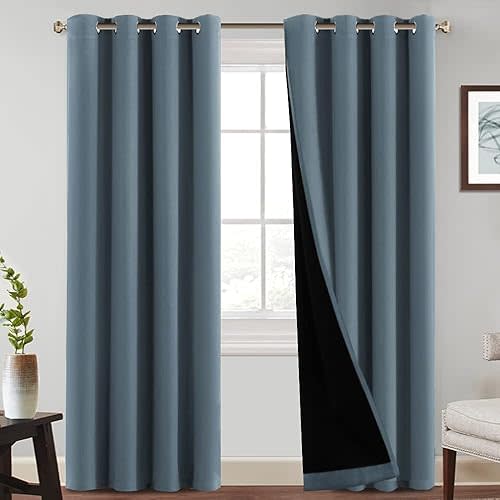 PrinceDeco 100% Blackout Curtains Full Light Blocking Drapes with Black Liner Thermal Noise Reduction and Privacy Curtains for Patio Door Blackout Drapes with Grommet Top,Bluestone, 1 Pair, W52 x L84