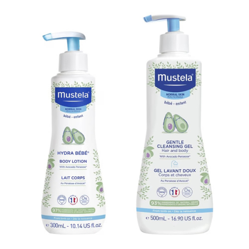 Mustela Baby Bath Time Gift Set - Baby Skin Care Essentials with Natural Avocado - Contains Hydra Bebe Body Lotion 10.14 fl. oz. & Gentle Cleansing Gel 16.9 fl. oz. - 2 Items Set