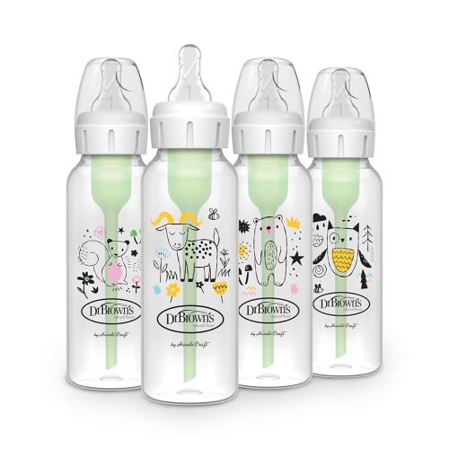 Dr. Brown's Natural Flow Anti-Colic Options+ Narrow Baby Bottle, 8 oz/250 mL, with Level 1 Slow Flow Nipple, BPA Free, 0m+, Squirrel, Goat, Bear, Owl, 4-Pack