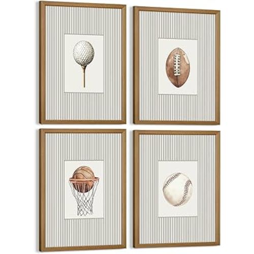 Sports Wall Art Decor Toddler Boys Room Canvas Prints Vintage Sports Nursery Wall Decor Kids Poster Football Baseball Pictures Basketball Golf Painting Artwork for Bedroom 8x10x4 Inch Wood Framed