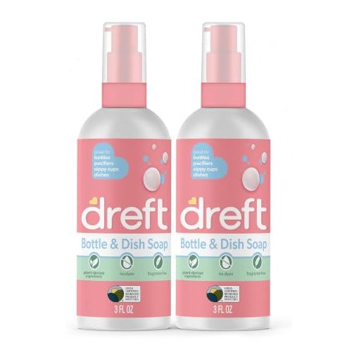 Dreft Bottle and Dish Soap | Made to Clean Baby Bottles, Sippy Cups, Pacifiers, Breast Pumps, & More | Gently Removes Milk Film & Odors | Plant Based, Fragrance Free Dish Soap | 3 Fl Oz (Pack of 2)