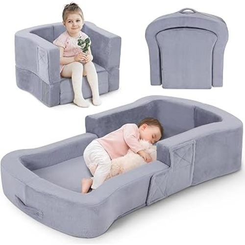 Toddler Travel Bed, 2-in-1 Foldable Portable Toddler Bed Sofa Chair, Soft Baby Kids Travel Floor Cot with Washable Covers Safety Foam Raised Bumper for Camping Hotel Sleeping (Grey)