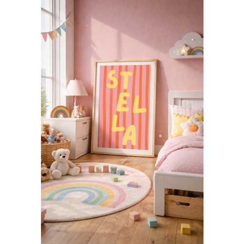 Physical Print, Girl Pink and Yellow Personalized Kids Name Wall Art Vertical Poster | Bright Colorful Nursery Print, Vibrant playroom decor