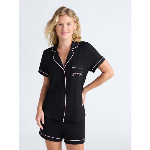 Joyspun Women’s Dreamy Soft Collection Notch Collar Knit Top and Boxer Shorts Pajama Set, Sizes XS-3X