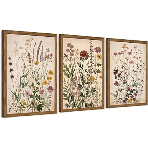 WRFON Botanical and Flower Canvas Wall Art, Framed Wildflower Wall Art Set of 3, Vintage Meadow Flower Canvas Prints, Cottagecore Floral Decor for Living Room Bedroom Bathroom Farmhouse Home, 12x16
