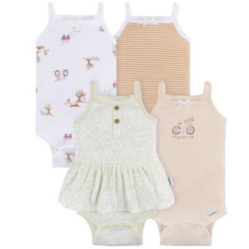 Gerber Baby Girls' 4-Pack Sleeveless Onesies Bodysuits, Green Foral, 0-3M