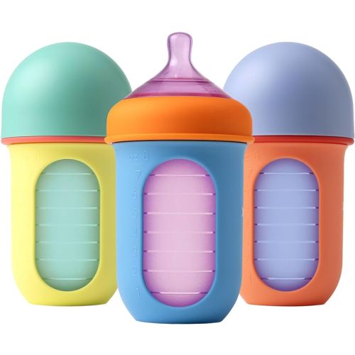 Boon Nursh Reusable Silicone Pouch Baby Bottles - Medium Flow Nipple - Silicone Baby Bottle Pouch and Nipple - Baby Feeding Essentials - Color Block - 3-6 Months - 3 Count - 8 Ounce
