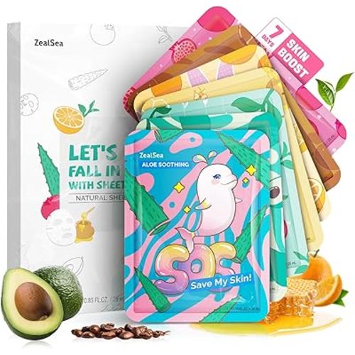 ZealSea Face Masks Skincare, Facial Masks for Women Skin Care, Sheet Masks Beauty with Natural Ingredients, Birthday Party Spa Gift for Kids Teens Girls, Hydrate and Soothe for All Skin Types 7 Pack