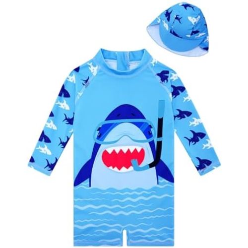uideazone Baby Boys One Piece Swimsuit Long Sleeve UPF 50+ Rash Guard Bathing Suit Swimwear with Sun Hat 3-24 Months