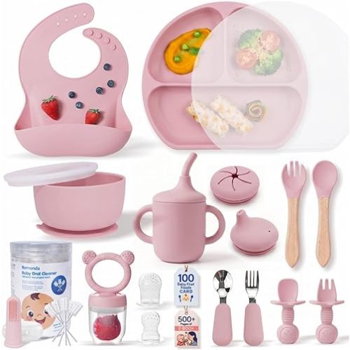 Remonda 23-Piece BPA-Free Baby Silicone Feeding Set | Extra Large Suction Plates, Toddler Bowls, Self Feeding Spoons, and More | Dishwasher Safe| Infant Led Weaning Supplies (Pink)02