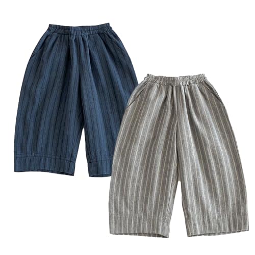 Ashmyova Casual Pants for Boys Girls Classic Linen Cotton Stripe Elastics Waist Spring Autumn Trousers Kids Long Pants 2Pcs