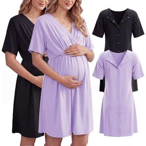 Cutecrop 2 Pack Labor and Delivery Gown for Hospital Maternity Nursing Short Sleeve Gown Button Back Birth Recovery Sleepwear