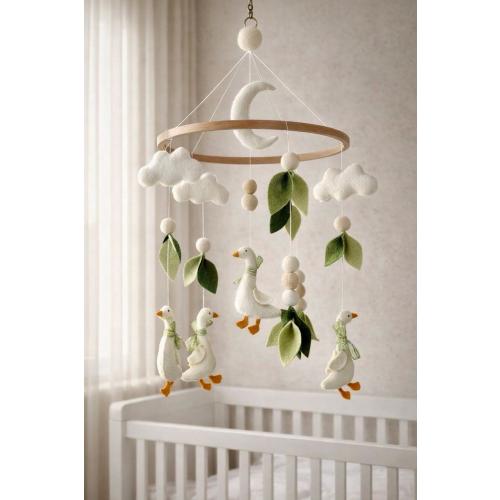 Felt Goose Baby Mobile | Nursery Crib Mobile with Geese Clouds Moon | Boho Woodland Baby Shower Gift | Handmade Felt Animal Mobile
