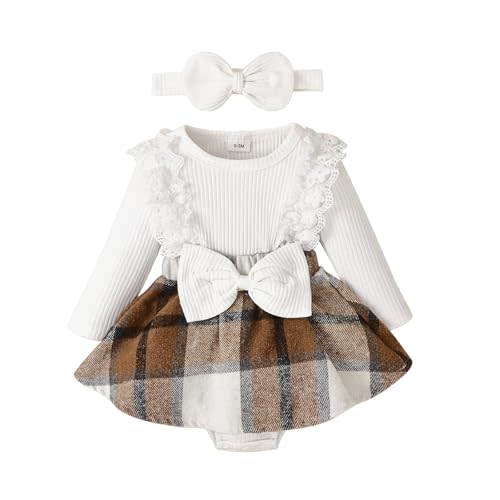 KAFIREN Baby Girl Clothes Fall Winter Outfit Plaid Romper Long Sleeve Dress Lace Ruffles Bodysuit with Bow Headband