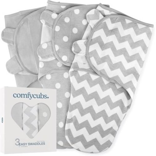 Comfy Cubs Baby Swaddles, Easy Adjustable 3 Pack for Boys and Girls (Small 0-3 Months, Gray)