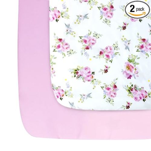 Pack and Play Sheets Girl, 2 Pack Mini Crib Sheets, Stretchy Playard Fitted Sheet, Compatible with Graco Pack n Play, Soft and Breathable Material, Floral