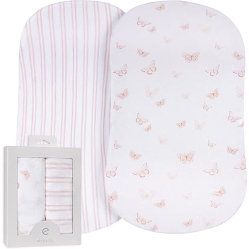 Ely’s & Co. Bassinet Sheets, Baby Girl Fitted Bassinet Mattress Sheet Set - 2 Pack, 100% Jersey Knit Cotton, fits Oval, Hourglass and Rectangle Mattress, Pink Butterly + Stripe, 32”x16”x3”