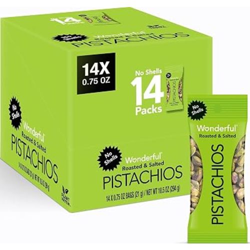 Wonderful Pistachios No Shells, Roasted & Salted Nuts, 0.75 Ounce Bag (Pack of 14), Protein Snacks, Vegan Snacks, On-the-Go, Individual Snacks for Adults