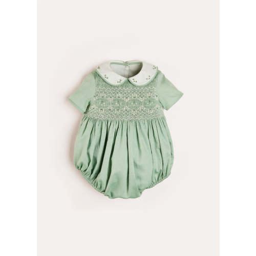 Peter Pan Collar Handsmocked Short Sleeve Romper in Green (6mths-2yrs)