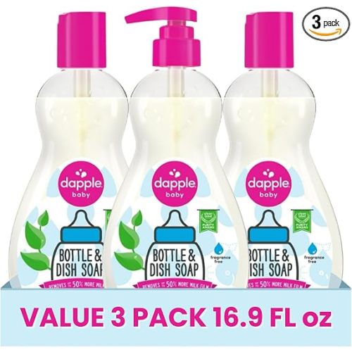 Dapple Baby Fragrance Free Bottle & Dish Soap - (3 Pack) 16.9 fl oz - Cleans Baby Bottles, Sippy Cups, Pacifiers, Breast Pumps, & More - Gently Removes Milk Film & Odors - Includes 1 Pump