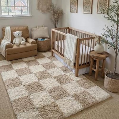 PureCozy Beige 4x6 Area Rugs for Kids Room Soft Shag Checkered Rug Modern Washable Indoor Office Fuzzy Carpet Non-Slip Fluffy Rugs for Bedroom Nursery Dorm Playroom Home Aesthetic Decor