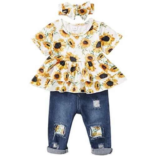 XUANHAO Baby Girl Clothes 12 18 24 Months Outfits For Infant Toddler Denim Girls' Clothing Ruffle Top Ripped Jeans Pant Sets