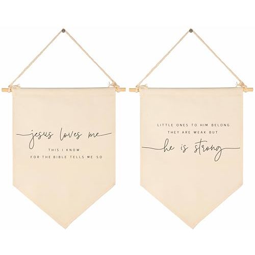 Jesus Loves Me-Scripture Flag Sign Gifts for Baby Newborn Boys Girls Kids-Christian Bible Verses,Canvas Hanging Banner Pennant Wall Gifts for Nursery Baby Room Playroom -for This Child-Set of 2