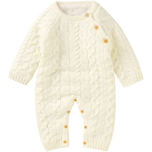 Hadetoto Baby Romper Infant Cable Knit Sweater Jumpsuit Long Sleeve One-Piece Outfit for Girls and Boys - White Plush - 0-3 Months