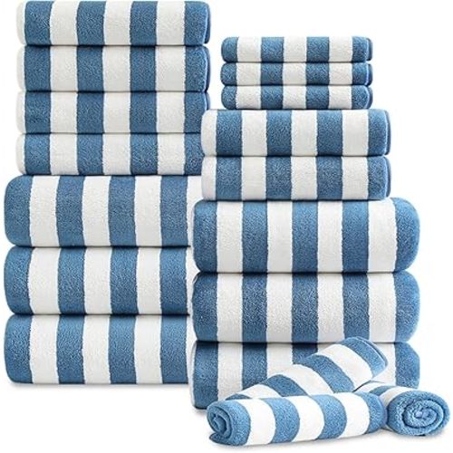18 Pcs Navy Cabana Stripe Family Towels Set with Hanging Loop-6 Bath Sheets,6 Hand Towels,6 Washcloths Ultra Soft Bathroom Towel Highly Absorbent Quick Dry Shower Towel for Beach Chair,Spa,Gym,Hotel