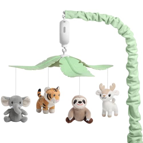 Baby Crib Mobile for Boys and Girls, Soft Plush Jungle Safari Animals Elephant Tiger Sloth Deer, Babies Nursery Decor, Calming Soother with 12 Lullabies Essential and Perfect Gift