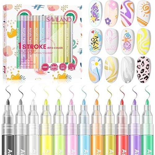 Saviland 12 Colors Nail Art Pens Set - 3D Nail Polish Pens Acrylic Paint Pens Nail Markers for Nail Art Drawing Painting Nail Point Dotting Liner Pen Manicure Tools Nail Design Kit Home Nail Salon DIY
