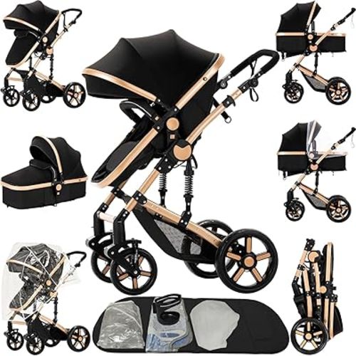 2 in 1 Baby Stroller, Convertible Foldable Standard Stroller, Reversible Pushchair Infant Buggy Carriage, Portable High Landscape Pram for Toddler Newborn, Aluminum Alloy (2US588-BG)