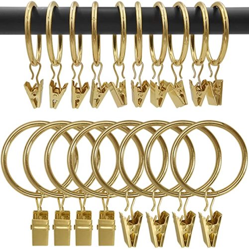 AMZSEVEN 40 Pack Curtain Rings with Clips, Drapery Clips with Rings, Drapes Rings 1.26 in Interior Diameter, Fits up to 1 in Curtain Rod, Gold Color