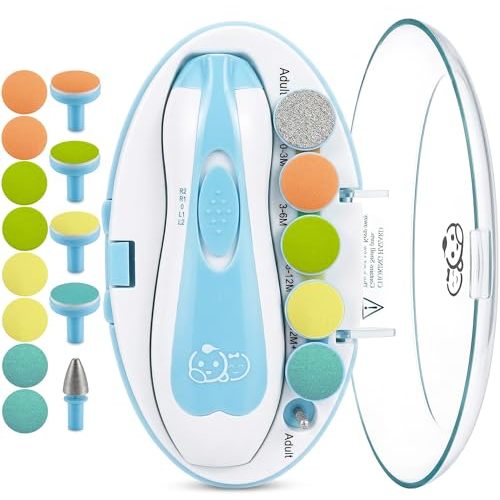 Royal Angels Upgraded 21 in 1 Baby Nail Trimmer with Labeled Case, 13 Extra Replacement Pads, Safe Electric Baby Nail File Kit for Newborns & Toddlers, Whisper Quiet Nail Clipper with LED Light (Blue)